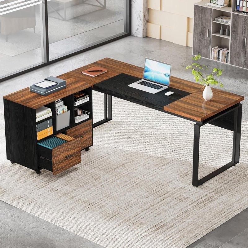 Karo Meşe ve Beyaz Metal L Tipi Yönü Değiştirilebilir Dosya Dolaplı Ofis Masası Seti - 161 cm - 325900