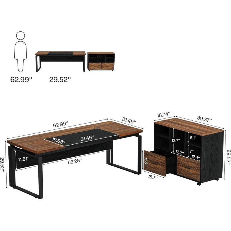 Karo Meşe ve Beyaz Metal L Tipi Yönü Değiştirilebilir Dosya Dolaplı Ofis Masası Seti - 161 cm - 325900