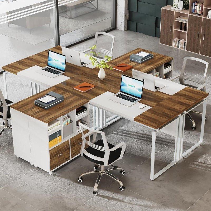 Karo Meşesi ve Beyaz Metal L Tipi Dosya Dolaplı Balıksırtı Desenli Ofis Masası - 161 cm - 326022