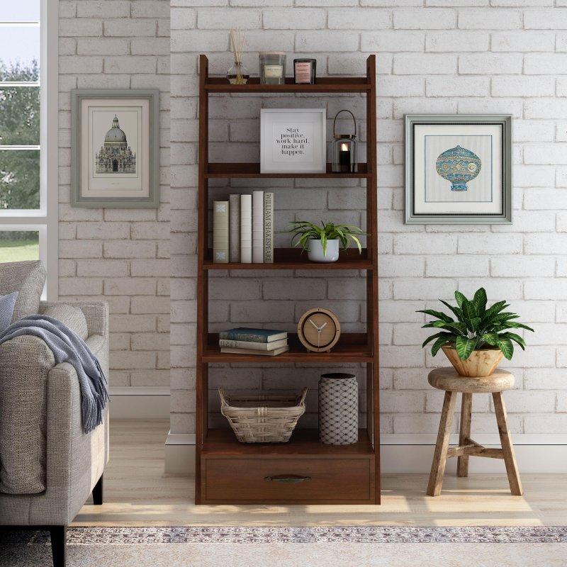Kauçuk Ağacı ve MDF Çekmeceli 5 Raflı Merdiven Kitaplık - 162x67x44 cm - 319649