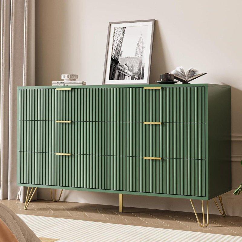 Kauçuk Ağacı ve Metal Yivli 6 Çekmeceli Gold Kulplu Şifonyer - 120x40x75 cm - 301159