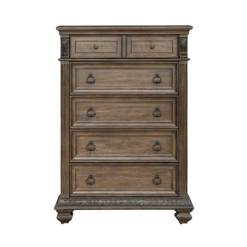 Kestane Rengi Kauçuk Ağacı Oymalı 5 Çekmeceli Şifonyer - 105x46x148 cm - 310443