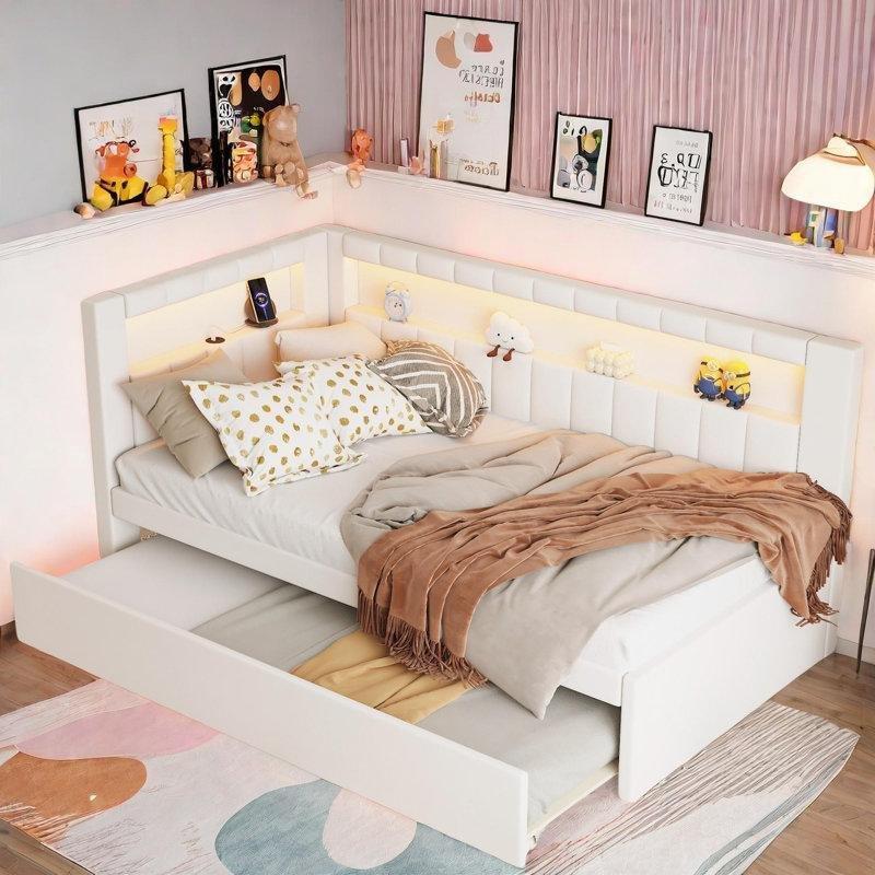 Keten Döşemeli LED Aydınlatmalı USB Portlu Saklama Bölmeli Yavru Yataklı Karyola - 112x205 cm - 328616
