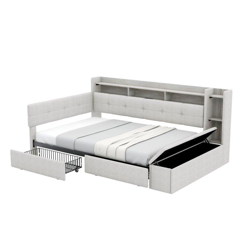 Keten Döşemeli LED Raflı USB Şarj İstasyonlu 2 Çekmeceli Daybed Karyola - 330268