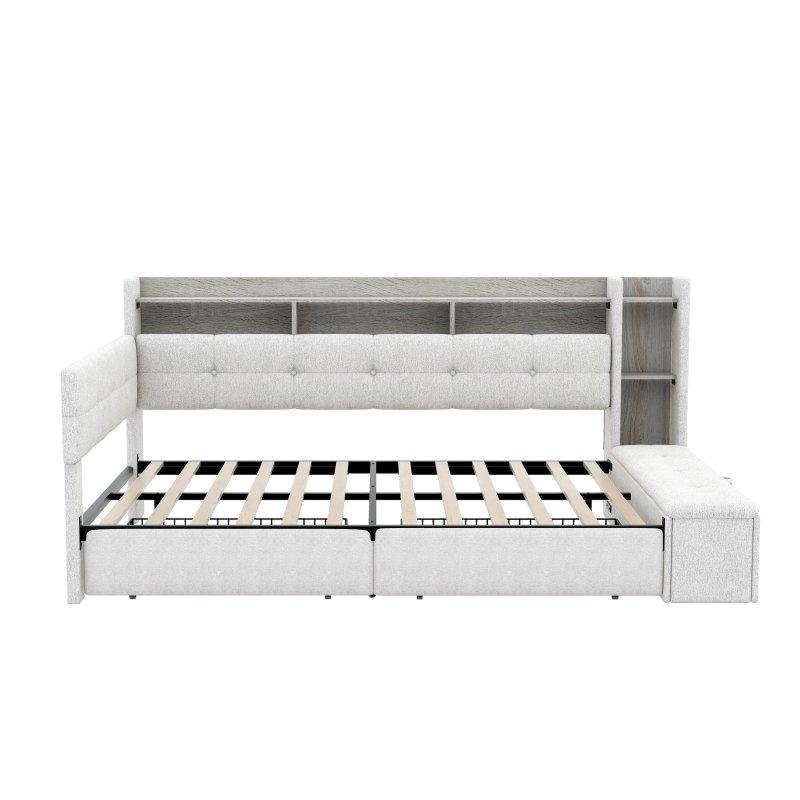 Keten Döşemeli LED Raflı USB Şarj İstasyonlu 2 Çekmeceli Daybed Karyola - 330268