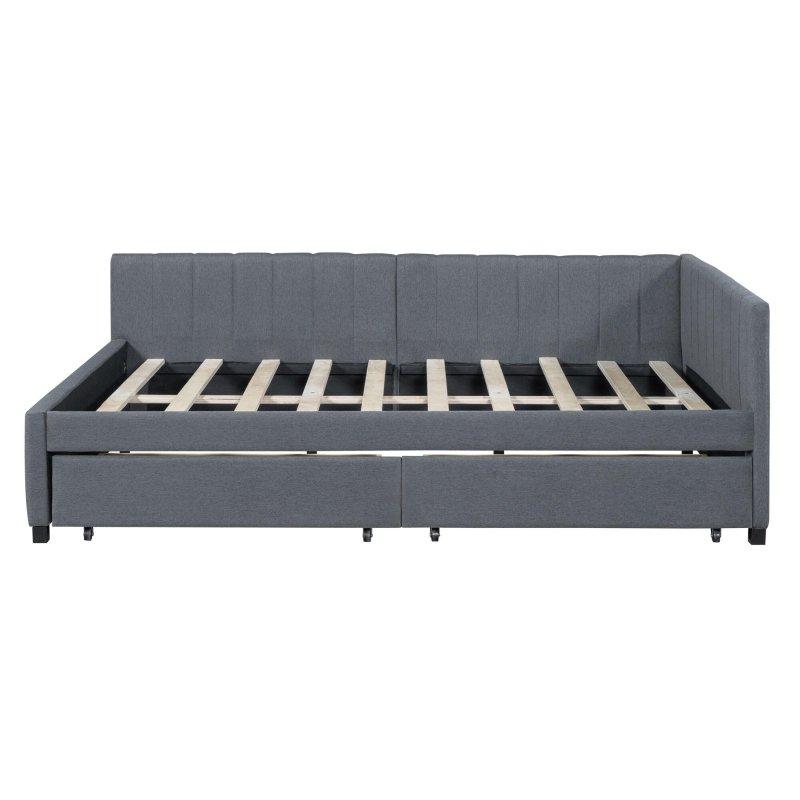 Keten Kumaş Döşemeli L Sırtlıklı Yavru Yataklı Ahşap Daybed Karyola - 201x148 cm - 329936
