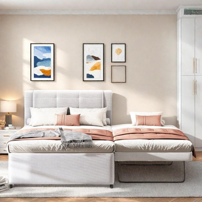 Keten Kumaş Metal Ayaklı Yükseltilebilir Yavru Yataklı Karyola - 142x205 cm - 329188