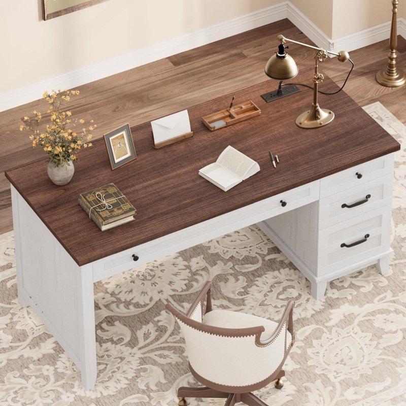 Kır Evi Tarzı MDF Şarj Üniteli Dosya Çekmeceli Ofis Masası - 137 cm - 328129