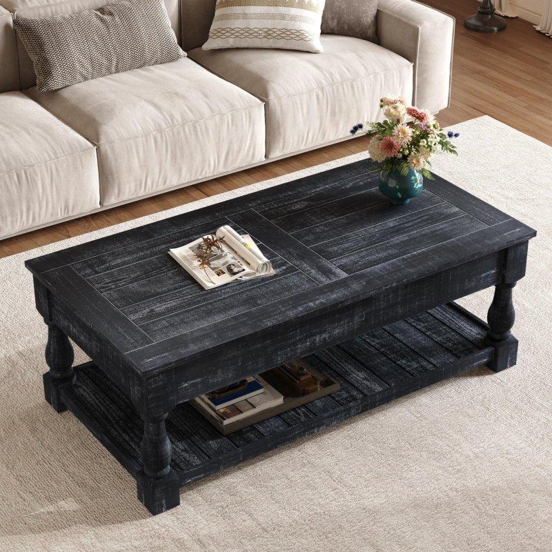 Kır Evi Tasarım Masif Ahşap Kaldırılabilir Tablalı ve Gizli Bölmeli Akıllı Sehpa - 120x60 cm - 254414