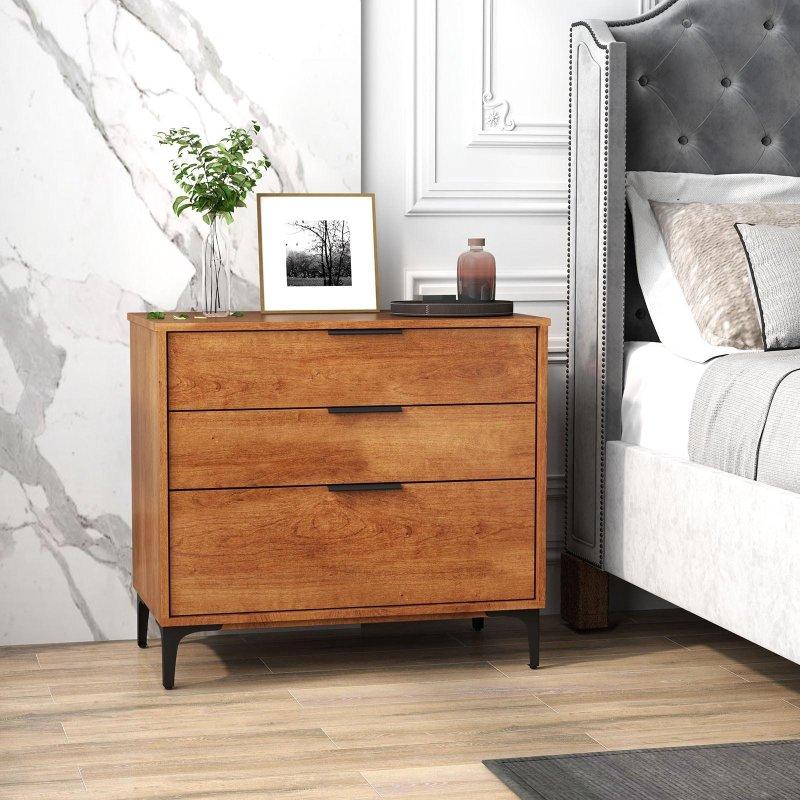 Kiraz Rengi MDF Metal Ayaklı 3 Çekmeceli 2li Set Şifonyer - 77x41x69 cm - 305466