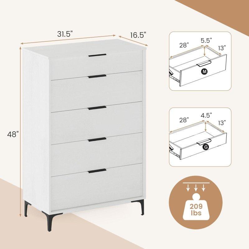Kiraz Rengi MDF Metal Ayaklı 5 Çekmeceli Kilit Sistemli 2li Set Şifonyer - 81x42x122 cm - 310747