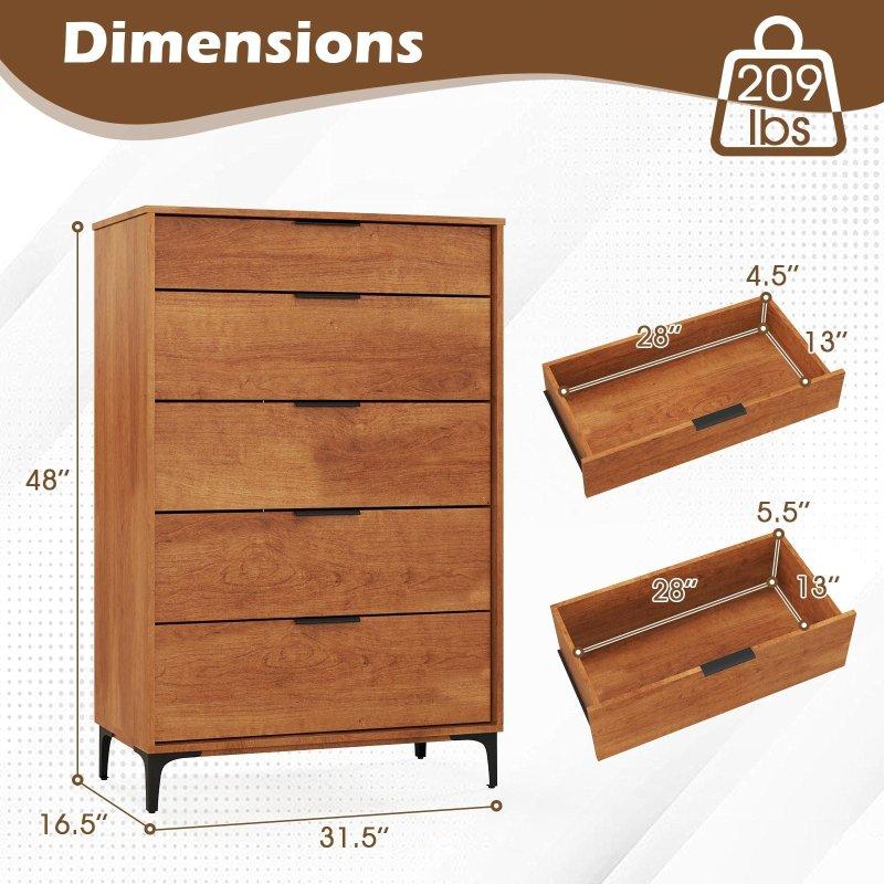 Kiraz Rengi MDF Metal Ayaklı 5 Çekmeceli Şifonyer - 81x42x122 cm - 301122