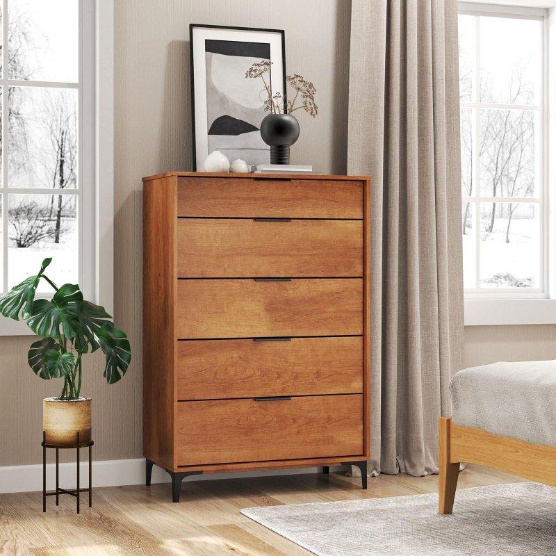 Kiraz Rengi MDF Metal Ayaklı 5 Çekmeceli Şifonyer - 81x42x122 cm - 301122