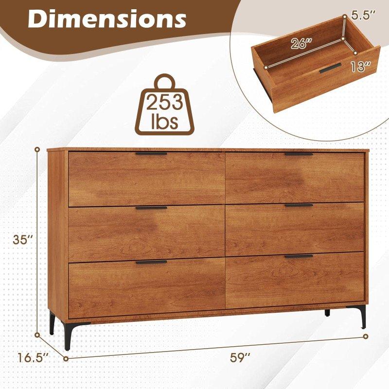 Kiraz Rengi MDF Metal Ayaklı 6 Çekmeceli Şifonyer - 150 cm - 296487