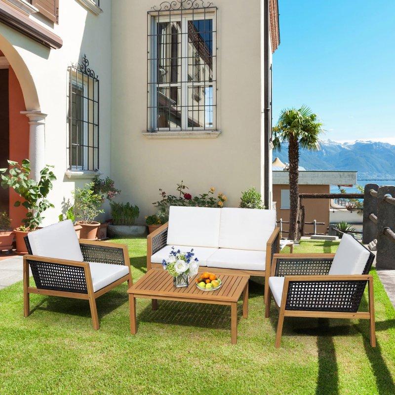Kırık Beyaz Masif Akasya ve Rattan Minderli 4 Parça Bahçe Takımı - 274314