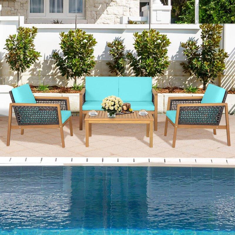 Kırık Beyaz Masif Akasya ve Rattan Minderli 4 Parça Bahçe Takımı - 274314