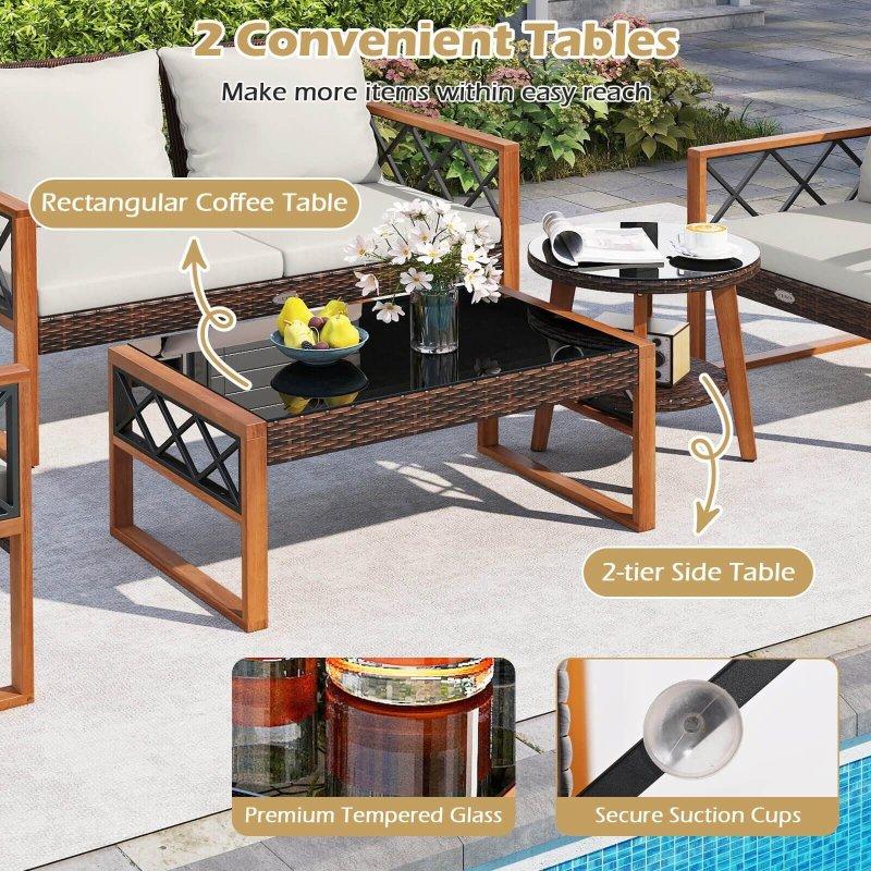 Kırık Beyaz Minderli PE Rattan ve Masif Akasya Ağacı Çerçeveli 5 Parça Bahçe Takımı - 274239