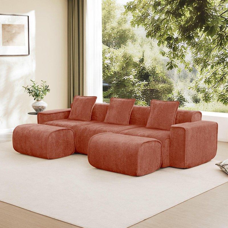 Kırmızı Kadife Masif Ahşap Modüler U Şekilli 3 Kişilik Fransız Biyeli Bohem Koltuk - 276x152x79 cm - 291923