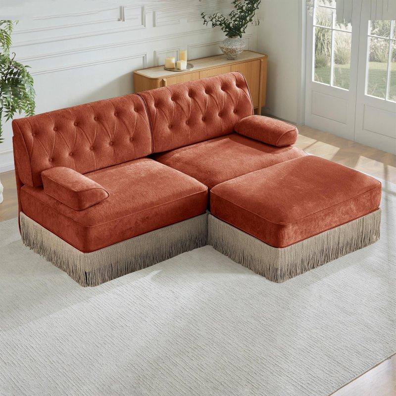 Kırmızı Kadife Püskül Etekli Modüler Chesterfield Bohem Koltuk - 195x154 cm - 291410