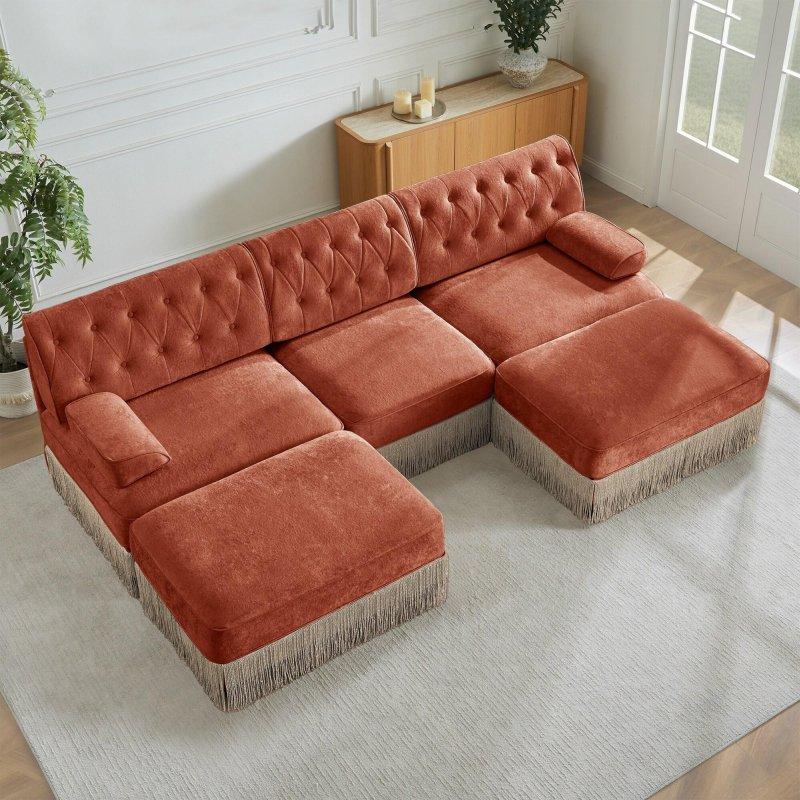 Kırmızı Kadife Püsküllü Etekli U-Şeklinde Modüler Chesterfield Bohem Koltuk - 270x154x87 cm - 286173