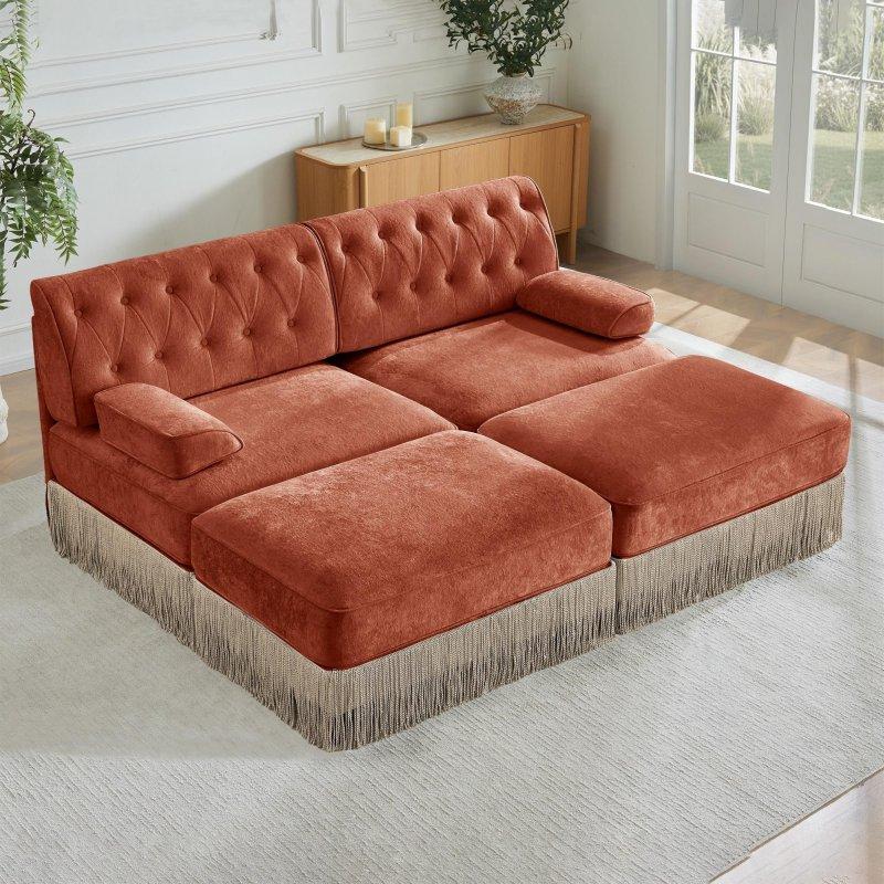 Kırmızı Kadife Püsküllü Modüler Chesterfield Bohem Koltuk - 195x154x87 cm - 289873