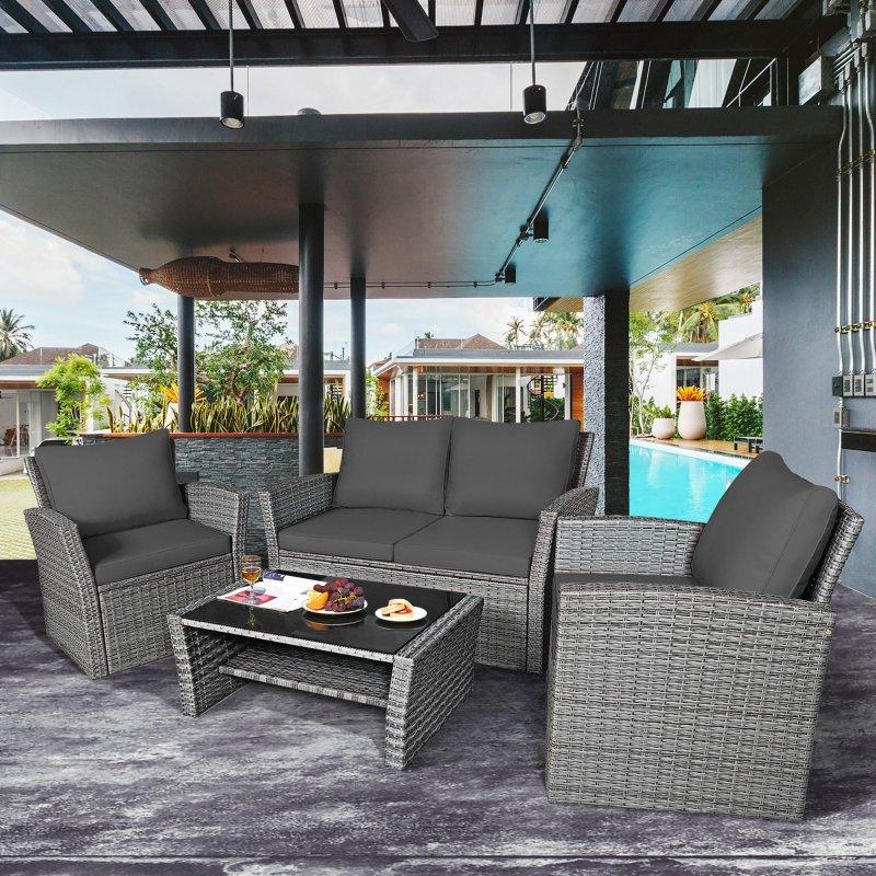 Kırmızı Minderli Gri Rattan Raflı 4 Parça Bahçe Takımı - 274540
