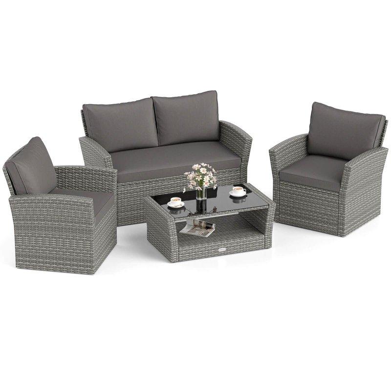 Kırmızı Minderli Gri Rattan Raflı 4 Parça Bahçe Takımı - 274540
