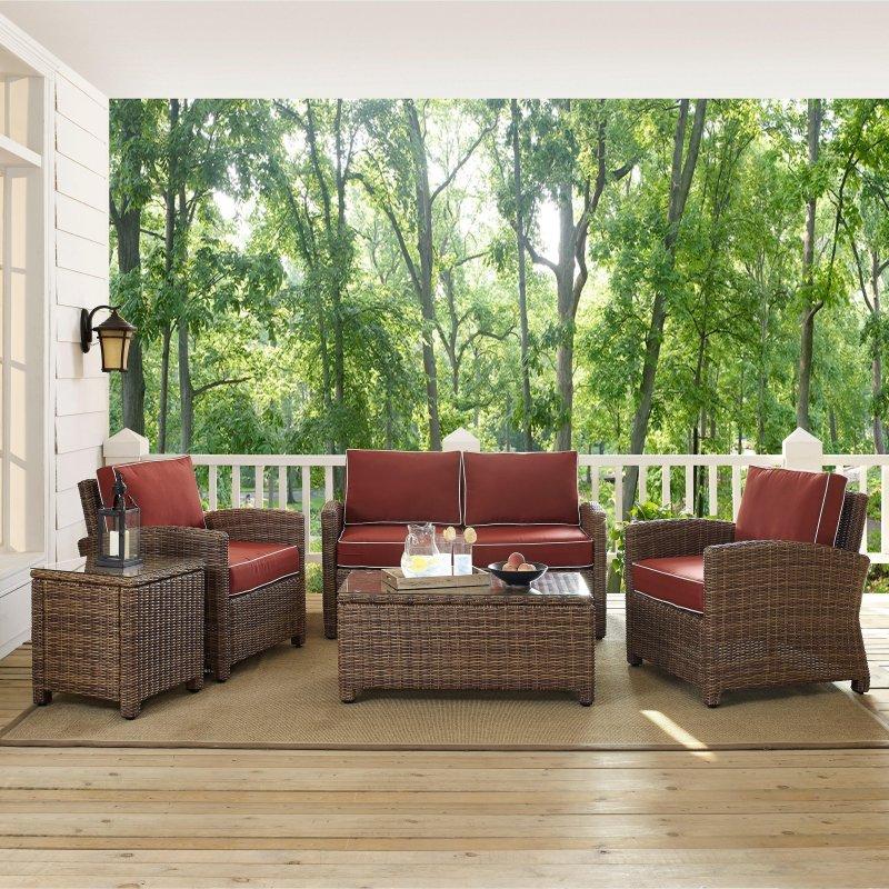 Kırmızı Minderli Kahverengi Rattan 5 Parça Çelik Bahçe Takımı - 276809