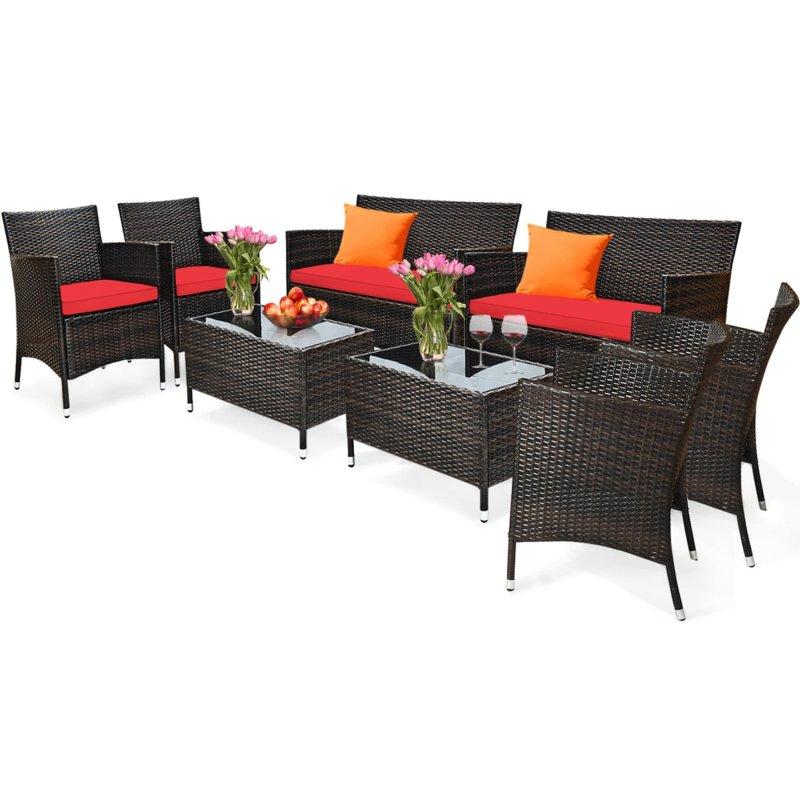 Kırmızı Minderli Kahverengi Rattan 8 Parça Bahçe Takımı - 276372