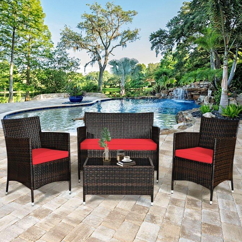 Kırmızı Minderli Kahverengi Rattan 8 Parça Bahçe Takımı - 276372