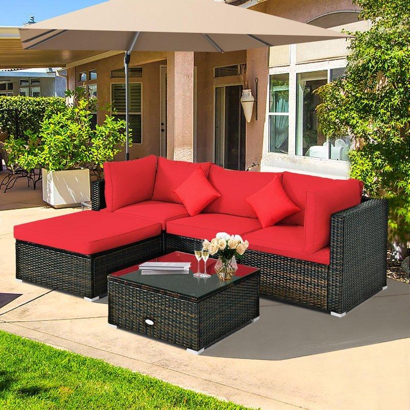 Kırmızı Minderli Kahverengi Rattan Modüler Bahçe Takımı - 275699