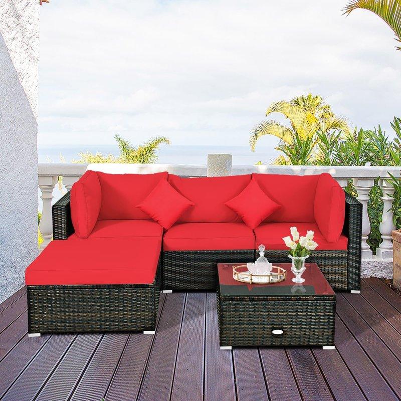 Kırmızı Minderli Kahverengi Rattan Modüler Bahçe Takımı - 275699