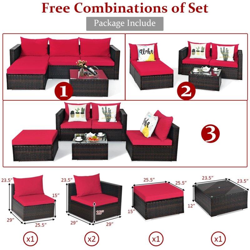 Kırmızı Minderli Rattan Modüler 5 Parçalı Bahçe Takımı - 272924