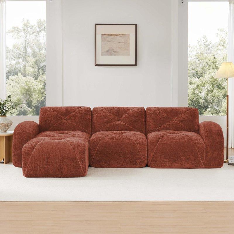 Kırmızı ve Kahverengi Kadife Modüler L Köşe Bohem Koltuk - 281x171 cm - 291968