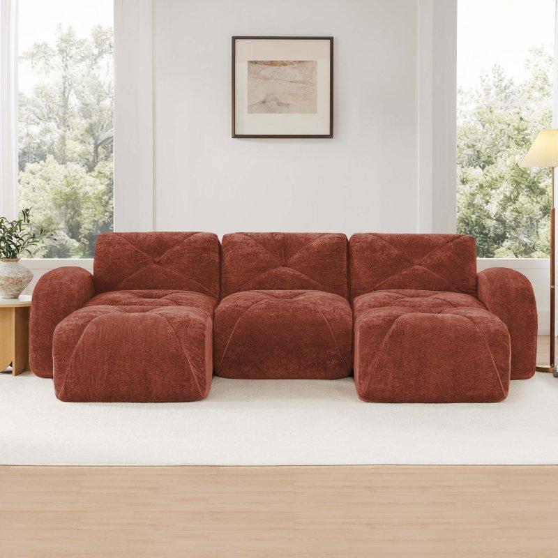 Kırmızı ve Kahverengi Kadife Modüler U Şekilli Bohem Koltuk - 281x171 cm - 291508