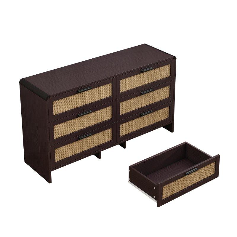 Kırmızımsı Kahverengi Rattan 6 Çekmeceli Masif Ahşap Şifonyer - 130x41x74 cm - 305603