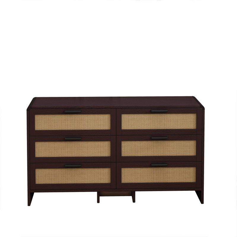 Kırmızımsı Kahverengi Rattan 6 Çekmeceli Masif Ahşap Şifonyer - 130x41x74 cm - 305603