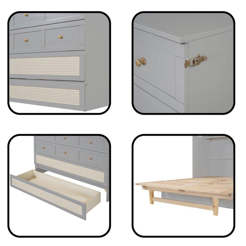 Kontrplak ve MDF Geniş Çekmeceli Rattan Desenli Duvar Yatağı - 138x192 cm - 263547