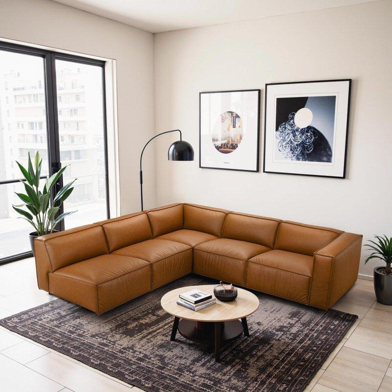 Konyak Rengi Suni Deri Yüzyıl Ortası Modern Köşe Koltuk - 262x241 cm - 256914