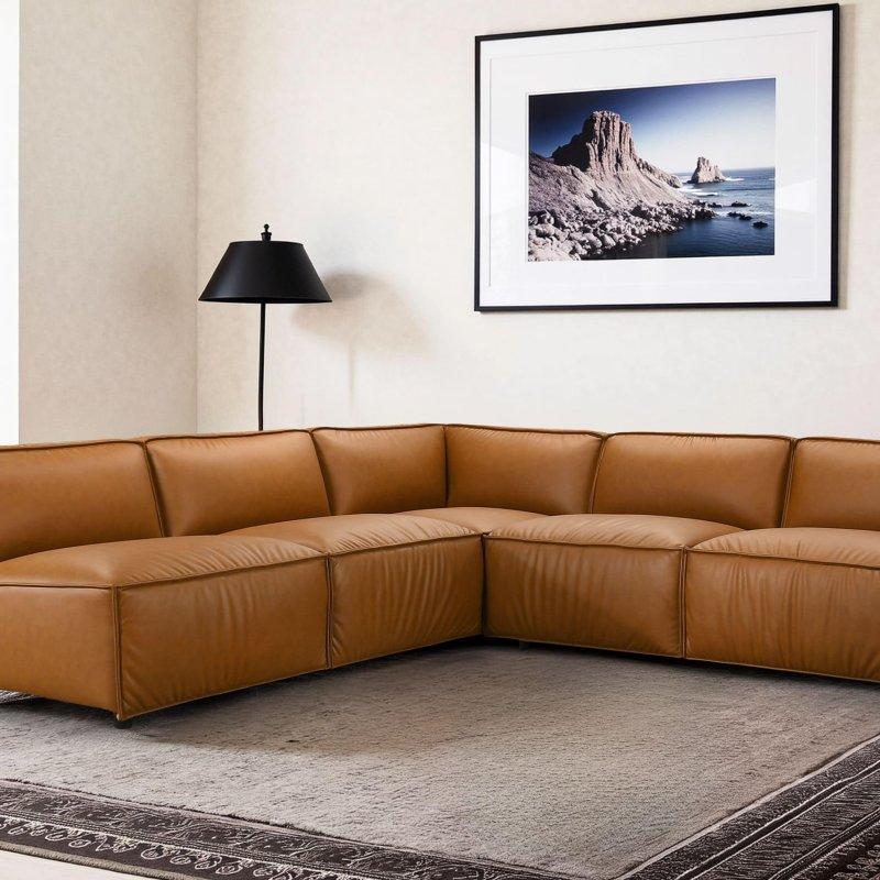 Konyak Rengi Suni Deri Yüzyıl Ortası Modern Köşe Koltuk - 262x241 cm - 256914