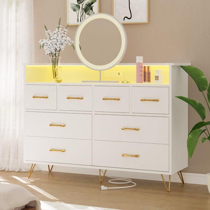 Koyu Ahşap MDF Şarj İstasyonlu ve RGB LED Aydınlatmalı 8 Çekmeceli Şifonyer - 308997