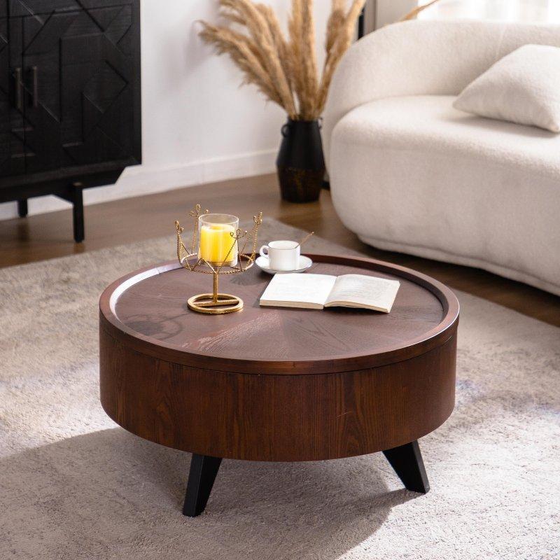 Koyu Ceviz MDF Gizli Depolamalı Kaldırılabilir Kapaklı Yuvarlak Orta Sehpa - 79x38 cm - 240250