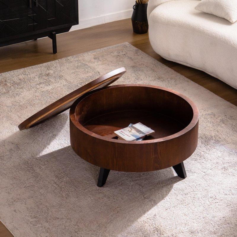 Koyu Ceviz MDF Gizli Depolamalı Kaldırılabilir Kapaklı Yuvarlak Orta Sehpa - 79x38 cm - 240250