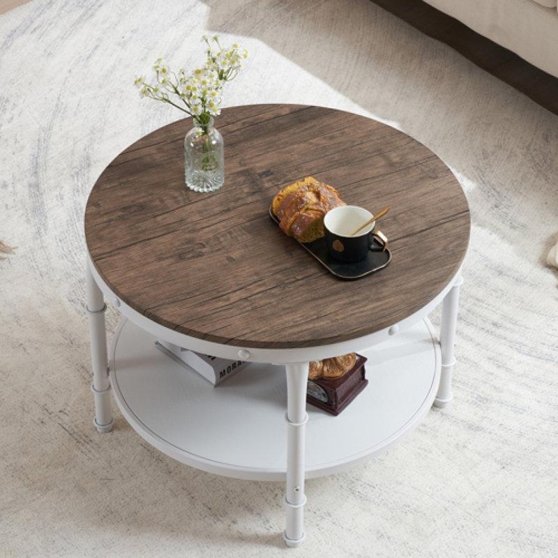 Koyu Ceviz MDF ve Beyaz Demir İki Katlı Endüstriyel Yuvarlak Orta Sehpa - 64 cm - 243948