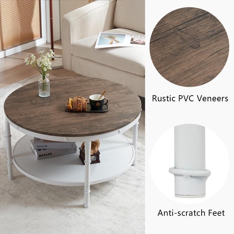 Koyu Ceviz MDF ve Beyaz Metal Çift Katlı Endüstriyel Yuvarlak Orta Sehpa - 65x47 cm - 242945