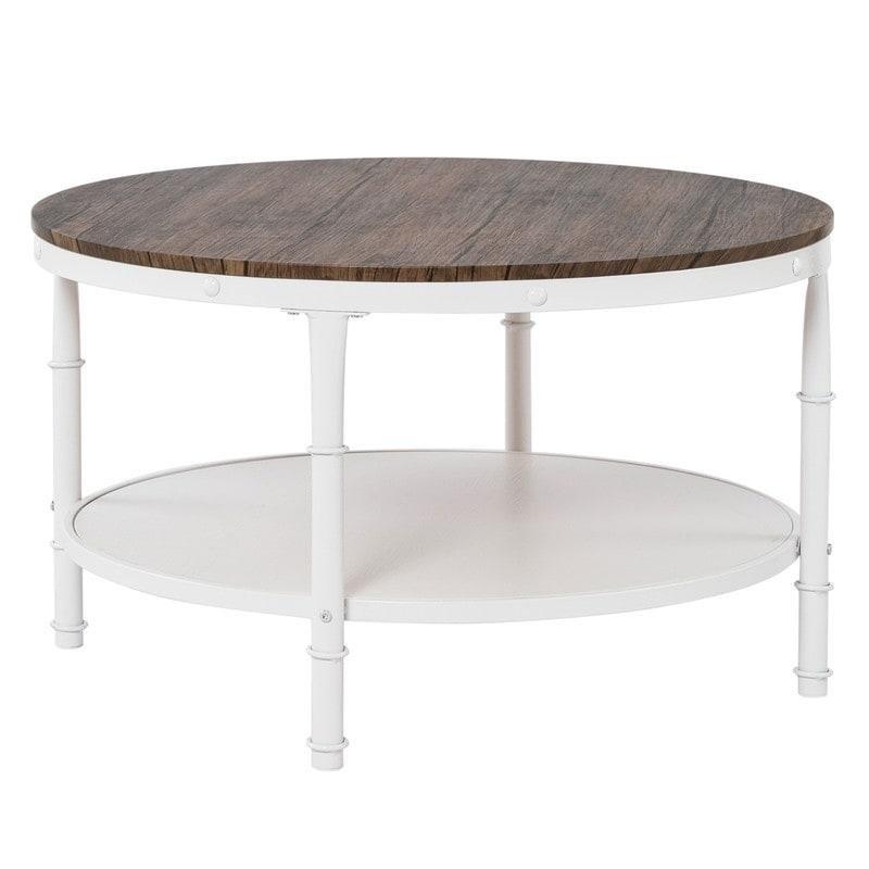 Koyu Ceviz MDF ve Beyaz Metal Çift Katlı Endüstriyel Yuvarlak Orta Sehpa - 65x47 cm - 242945