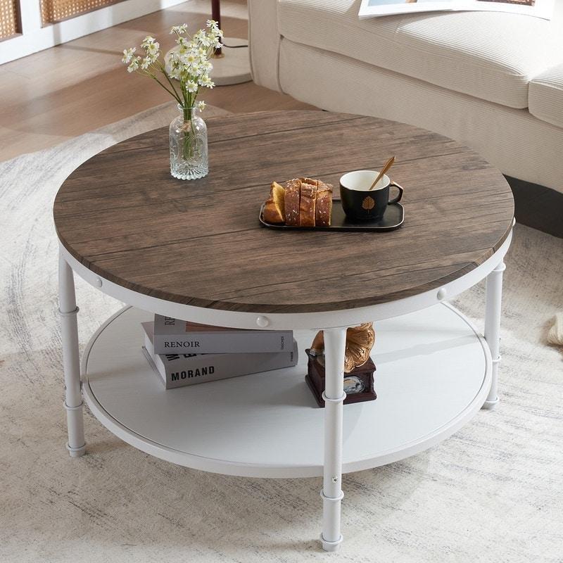 Koyu Ceviz MDF ve Beyaz Metal Çift Katlı Endüstriyel Yuvarlak Orta Sehpa - 65x47 cm - 242945