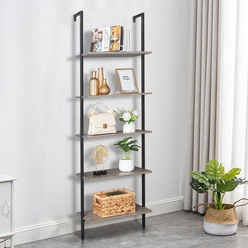 Koyu Ceviz MDF ve Metal 5 Raflı Endüstriyel Merdiven Tipi Kitaplık - 60x30x181 cm - 319753
