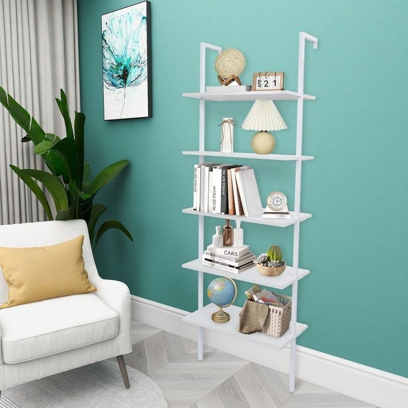 Koyu Ceviz MDF ve Metal 5 Raflı Endüstriyel Merdiven Tipi Kitaplık - 60x30x181 cm - 319753