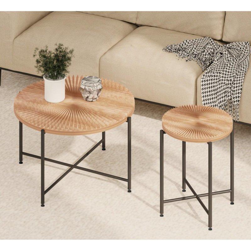Koyu Ceviz PVC Kaplama MDF Radyal Desenli Metal Ayaklı Yuvarlak Orta Sehpa - 80x49 cm - 240812